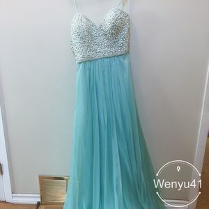La Femme Light Mint Faux Pearl Strapless Gown